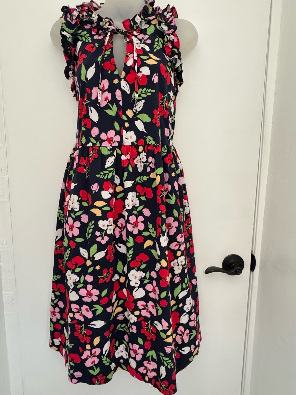 Maggy London Navy Midi Dress with Pink, Red and Green Floral Print